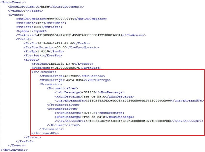 Evento de inclusão de DF-e