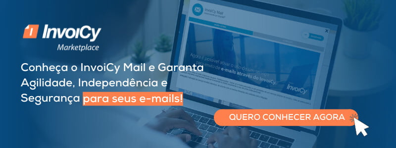 Banner sobre InvoiCy mail com notebook e a tela do invoicy mail ao fundo mais botão de quero conhecer agora