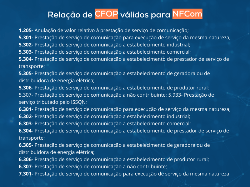 relação de CFOP válidos para NFCOM